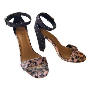 Torrid Heels Pink Black Floral Polka Dot Two Strap Block Sandals Size 9.5W